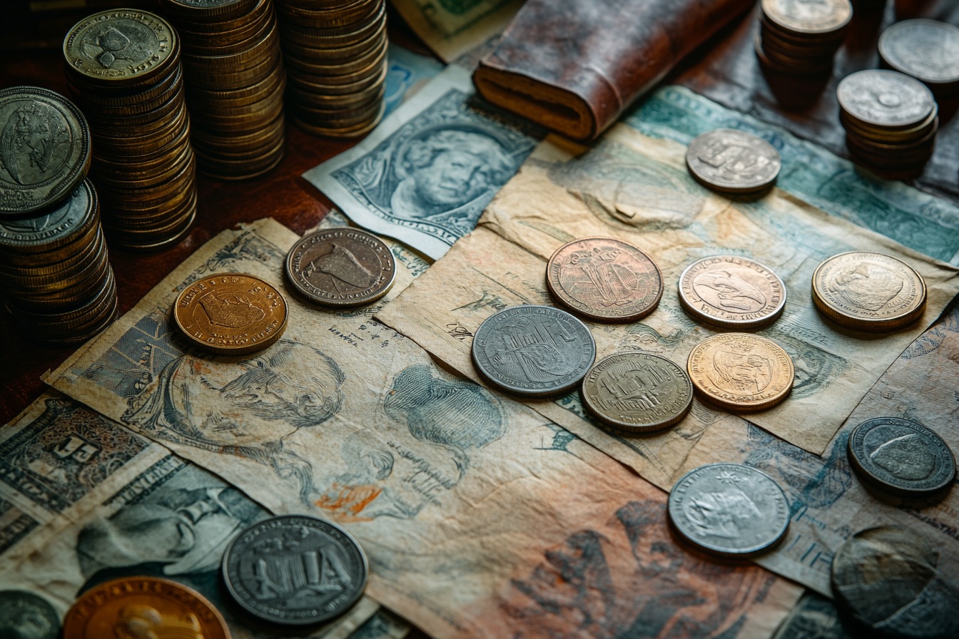 Vintage currency notes and coins displayed on aged paper