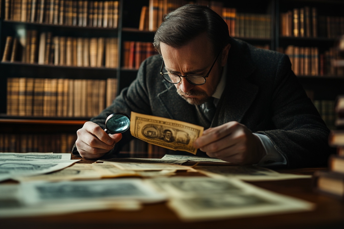 Researcher examining historical currency documents